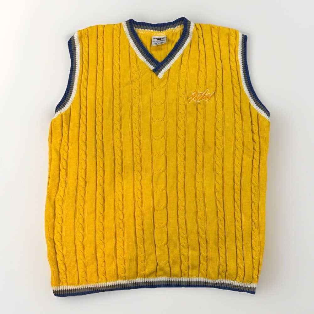 VINTAGE FUBU Sweater Vest Men's XXL Yellow Cabled knit Hip Hop Rap 90s